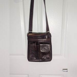 Vintage Tooled Leather Crossbody Bag Western Boho Floral Cowgirl Purse Organizer